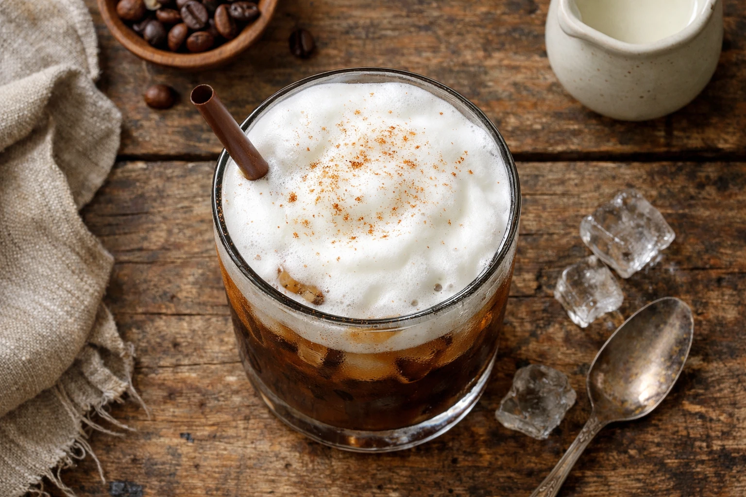 Fresh cold foam beverage on rustic wooden table - 25 calories per scoop