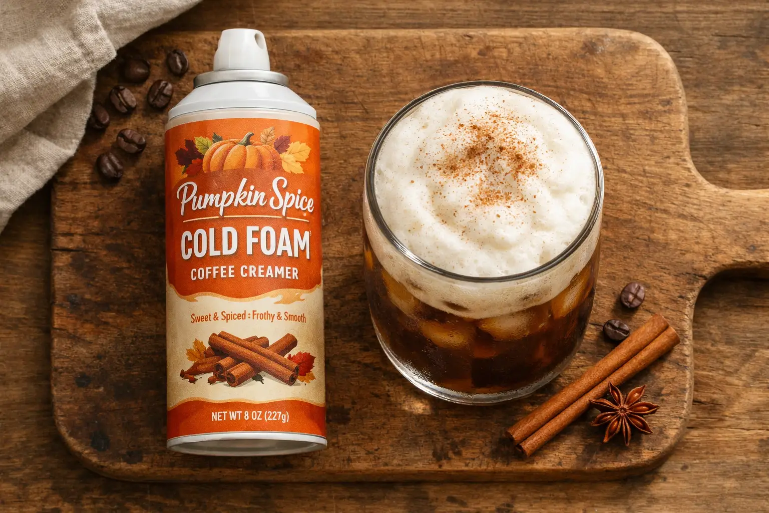 Pumpkin spice cold foam coffee creamer on rustic wooden table - 20 calories per serving