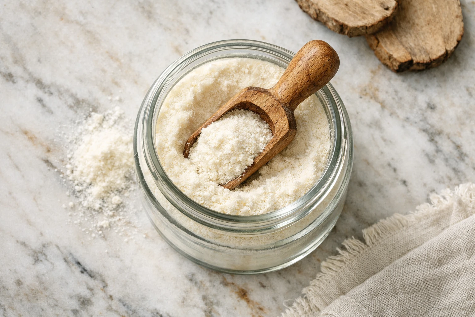 Fresh collagen peptide powder on rustic wooden table - 35 calories per scoop