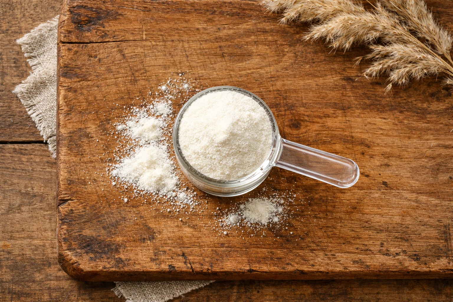 Collagen peptides powder in glass bowl on wooden board - 40 calories per scoop