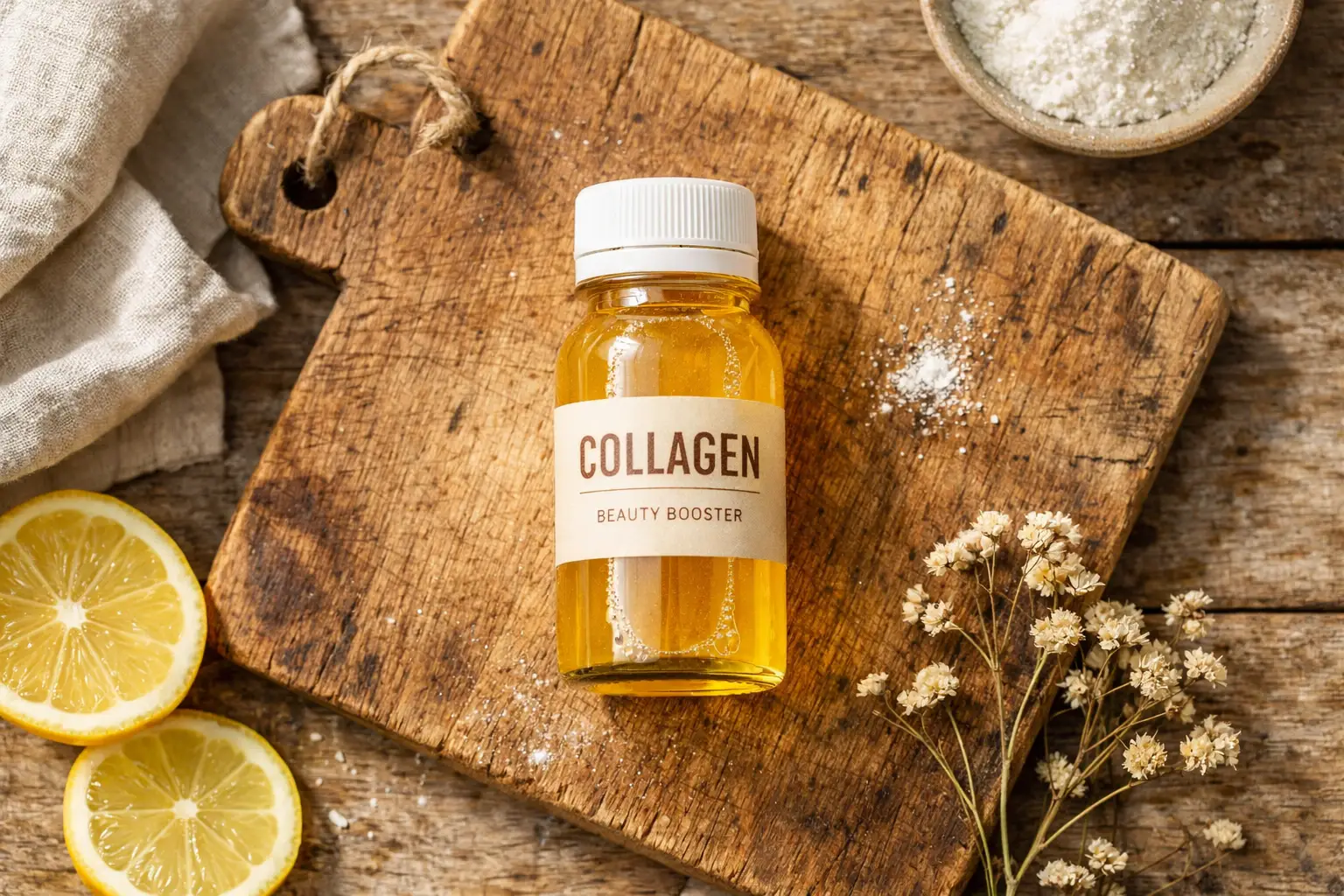 Frischer Kollagen-Shot auf rustikalem Holztisch - 25 Kalorien pro 100 ml Shot