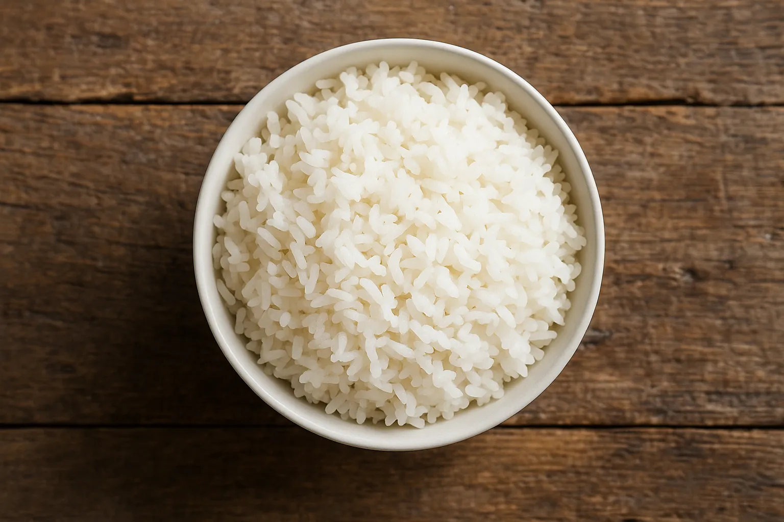 Fresh cooked white rice on rustic wooden table - 130 calories per 100g