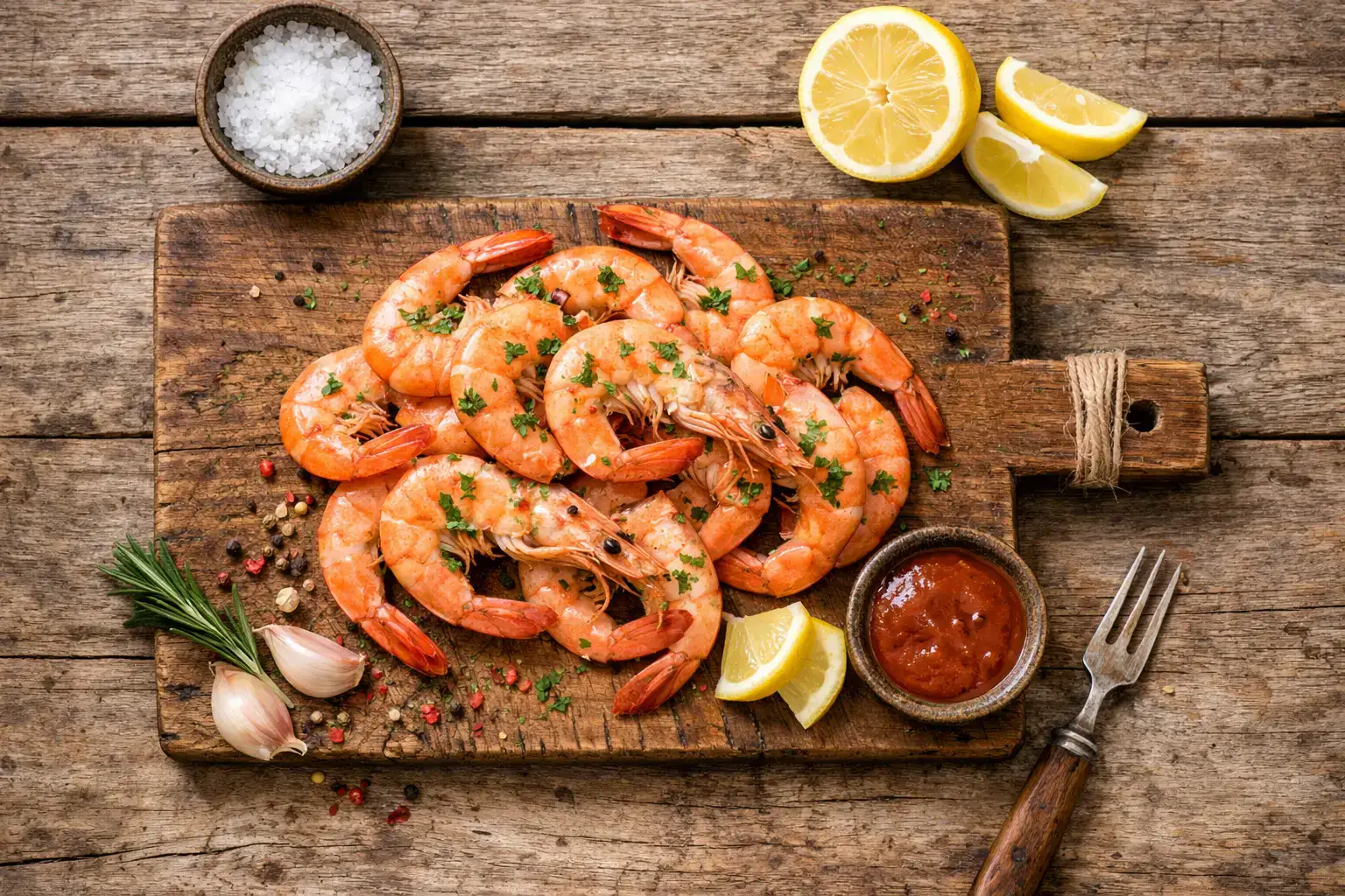 Gambas cocidas frescas sobre mesa de madera rústica - 99 calorías por 100 g