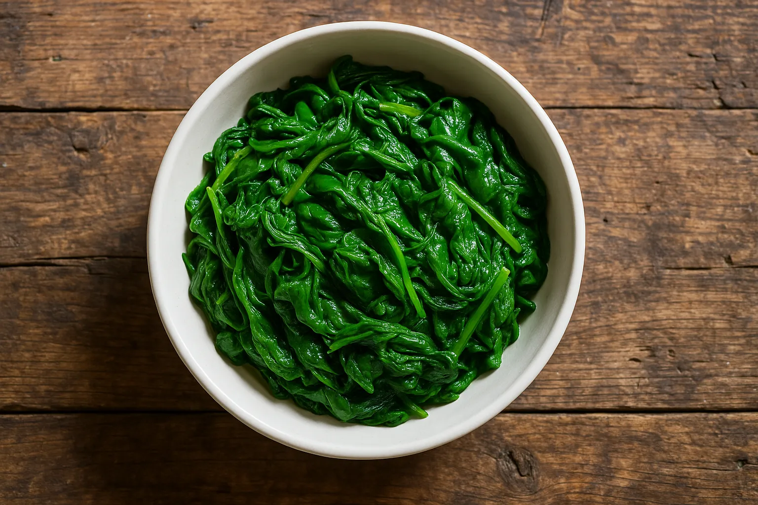 Fresh cooked spinach on rustic wooden table - 23 calories per 100g