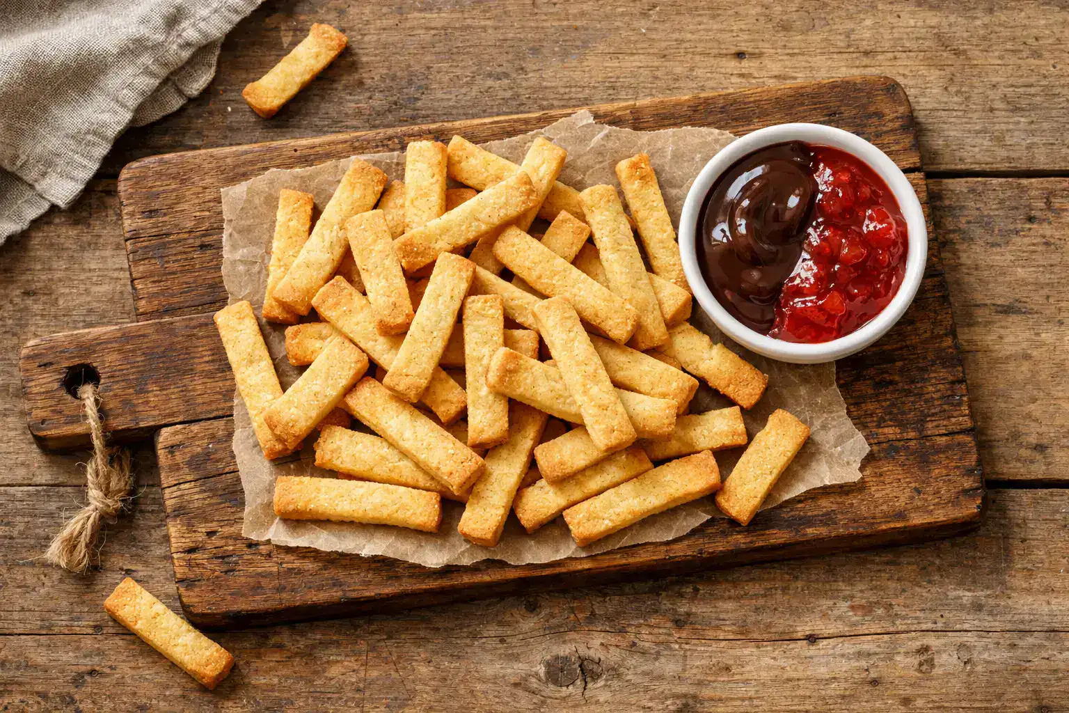 Cookie fries frescos en mesa de madera rústica - 150 calorías por porción