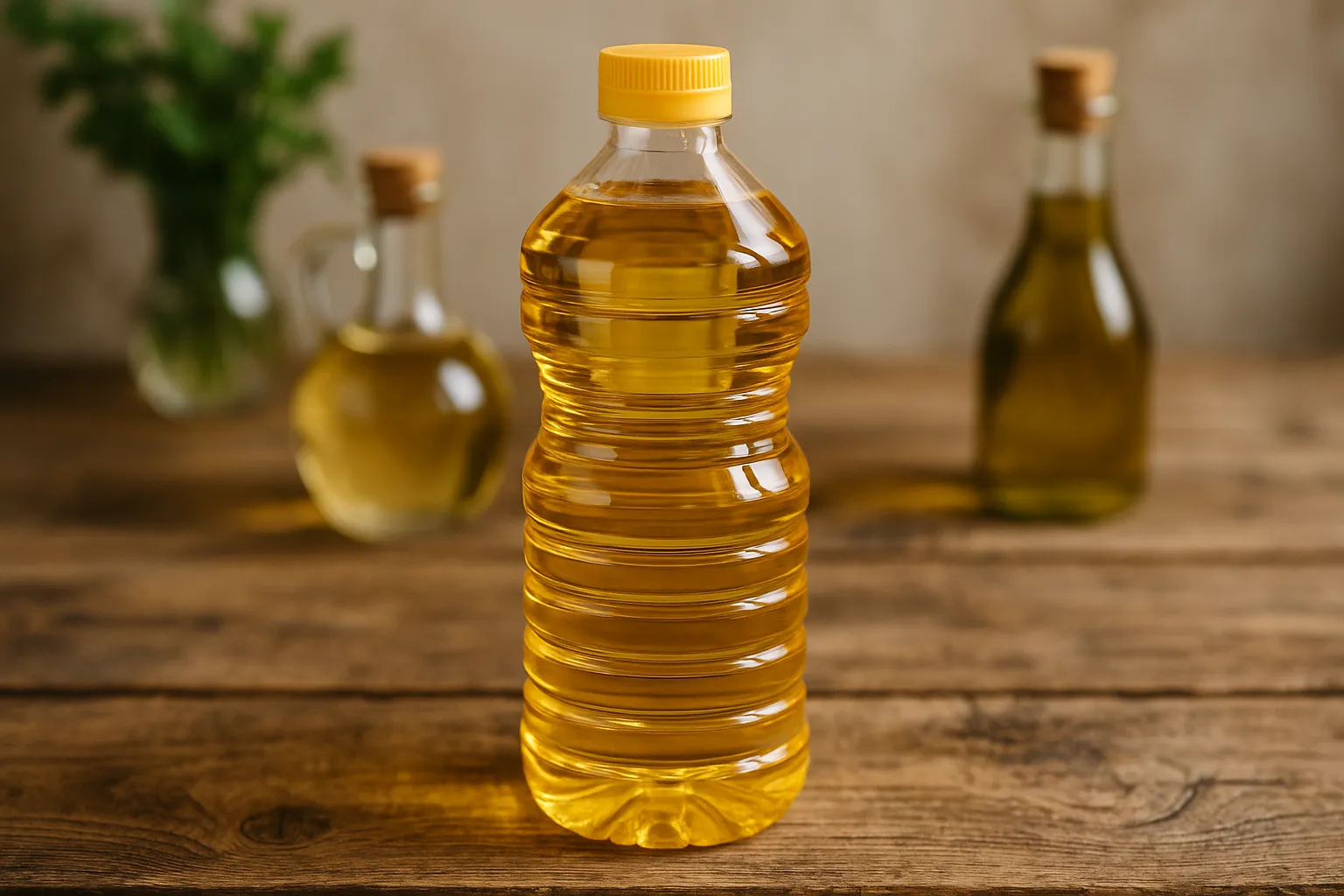 Bottle of golden Aceite de Cocina on rustic wooden table - 120 calories per tablespoon