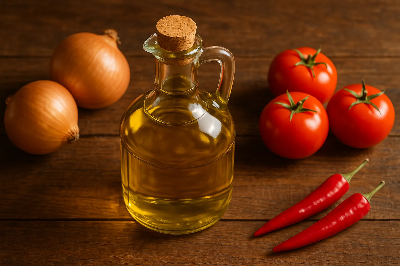Fresh cooking oil bottle on rustic wooden table - 120 calories per tablespoon