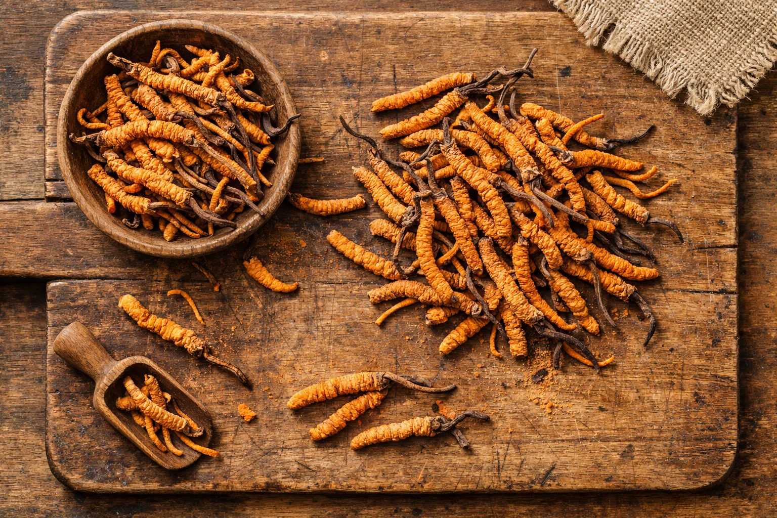 Fresh cordyceps mushroom on rustic wooden table - 333 calories per 100g powder
