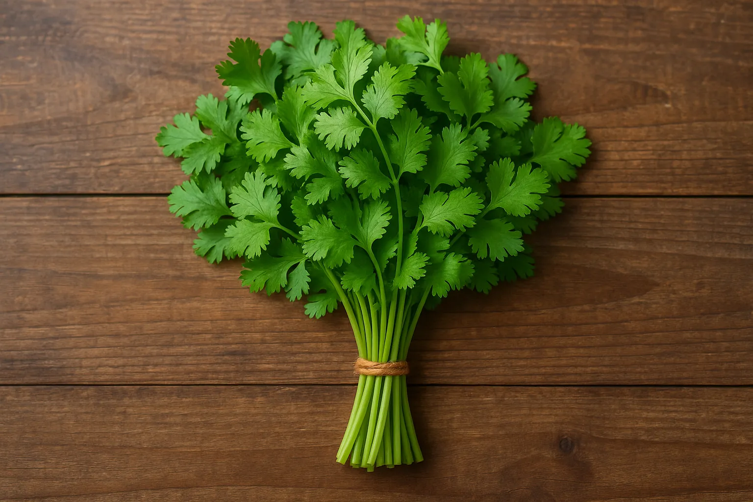 Fresh coriander on rustic wooden table - 23 calories per 100g