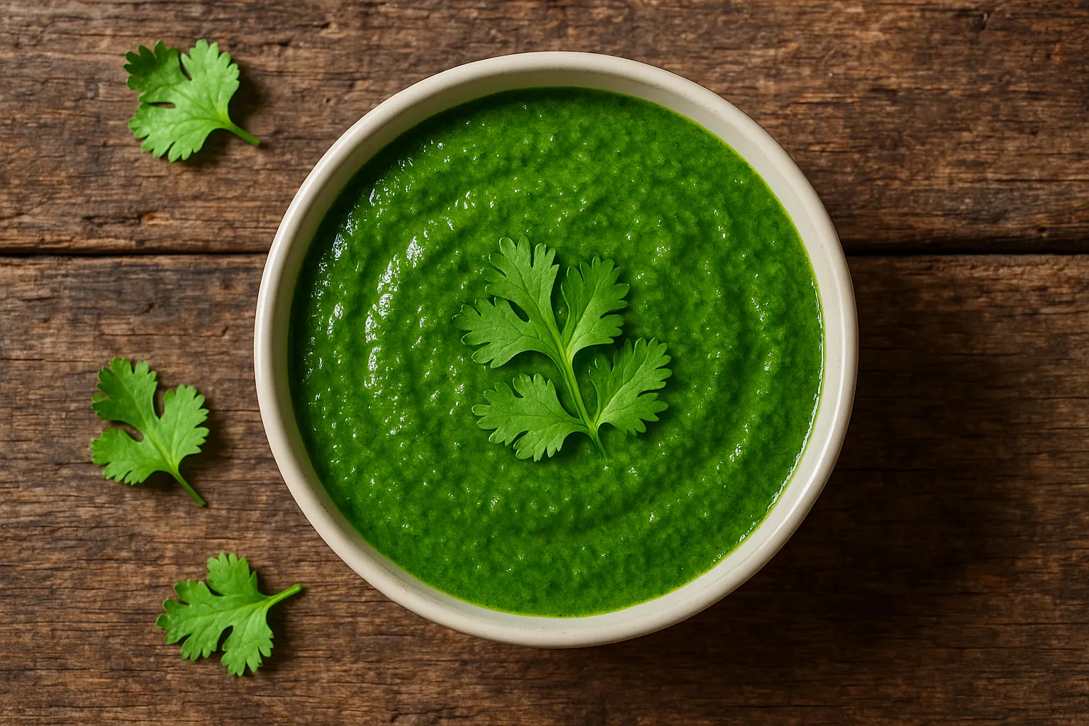 Fresh coriander chutney on rustic wooden table - 35 calories per 100g