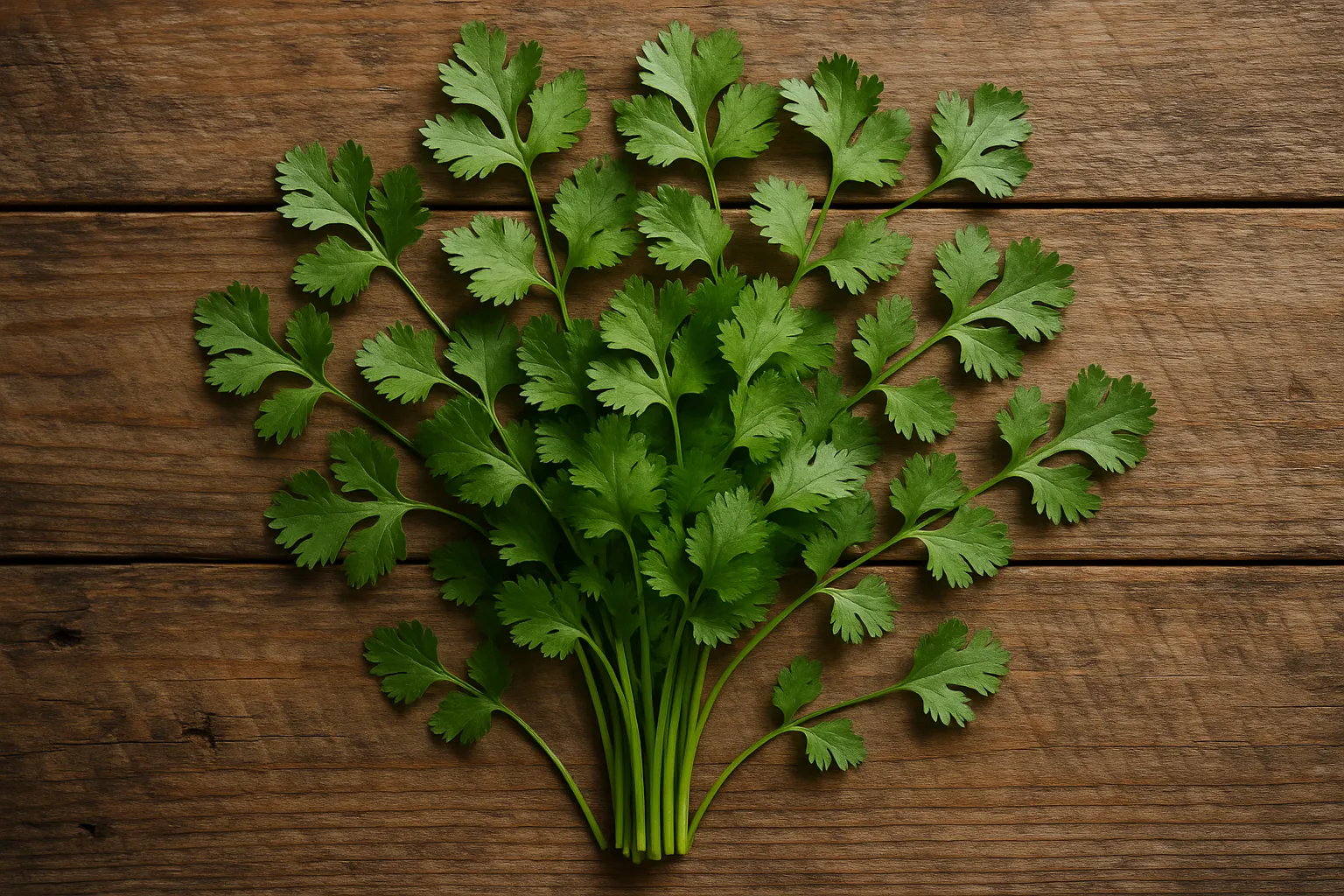 Feuilles de coriandre fraîches sur table en bois rustique - 23 calories pour 100g