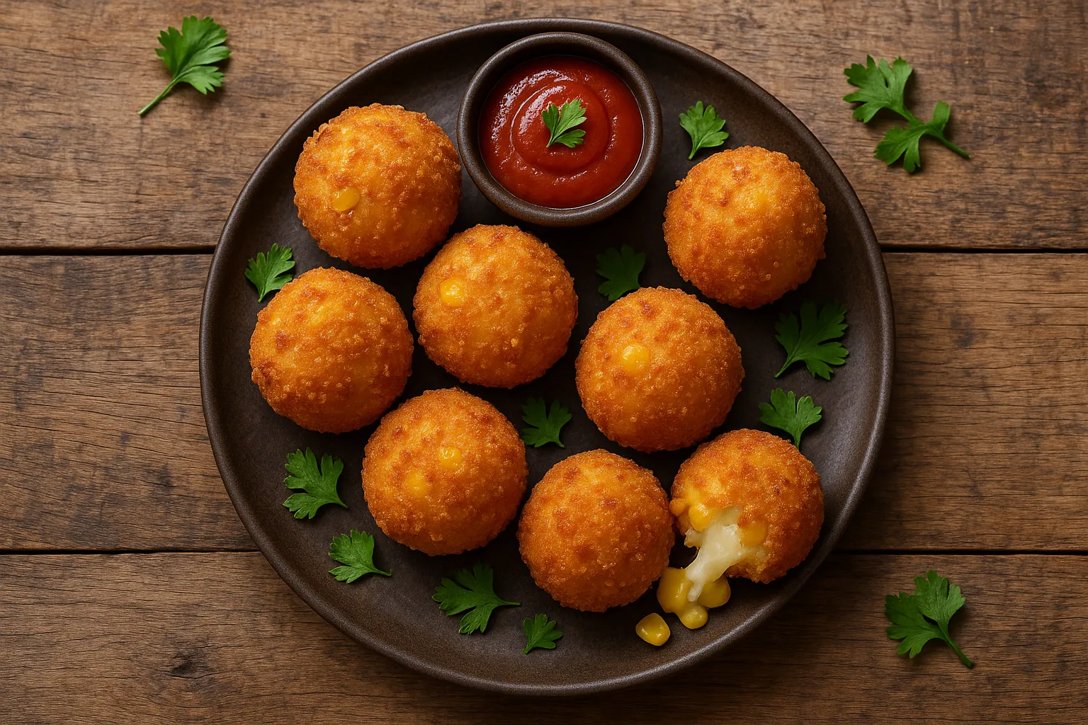 Fresh corn cheese balls on rustic wooden table - 250 calories per 100g