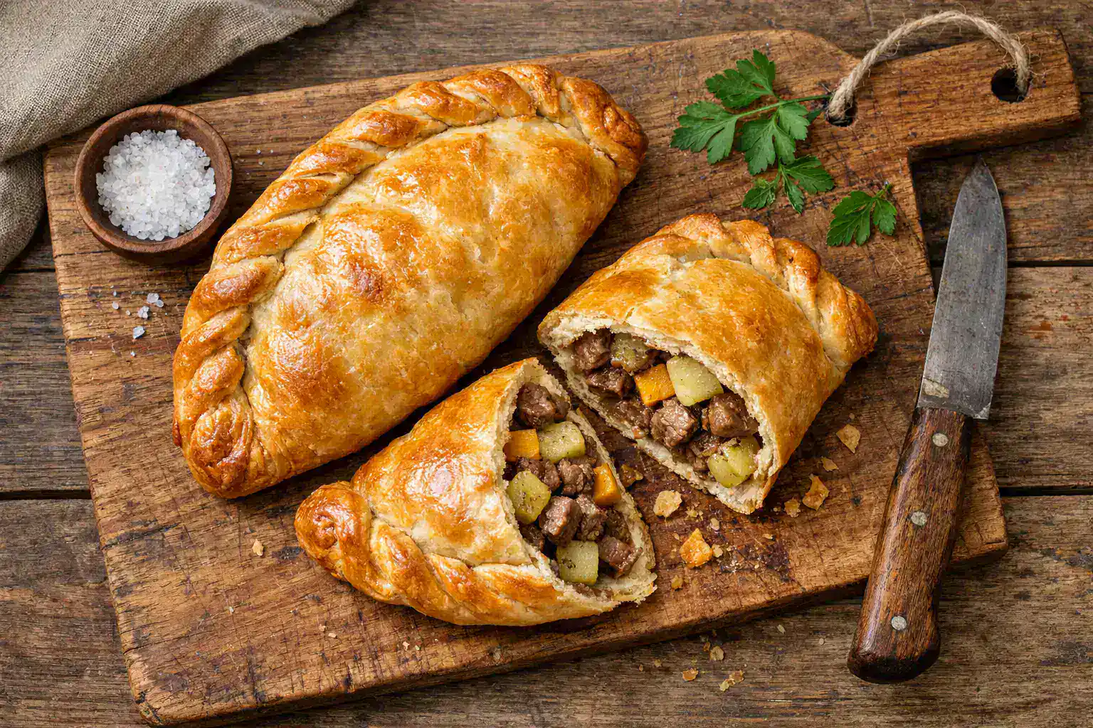 Cornish pasty fresco sobre mesa de madera rústica - 450 calorías por porción mediana