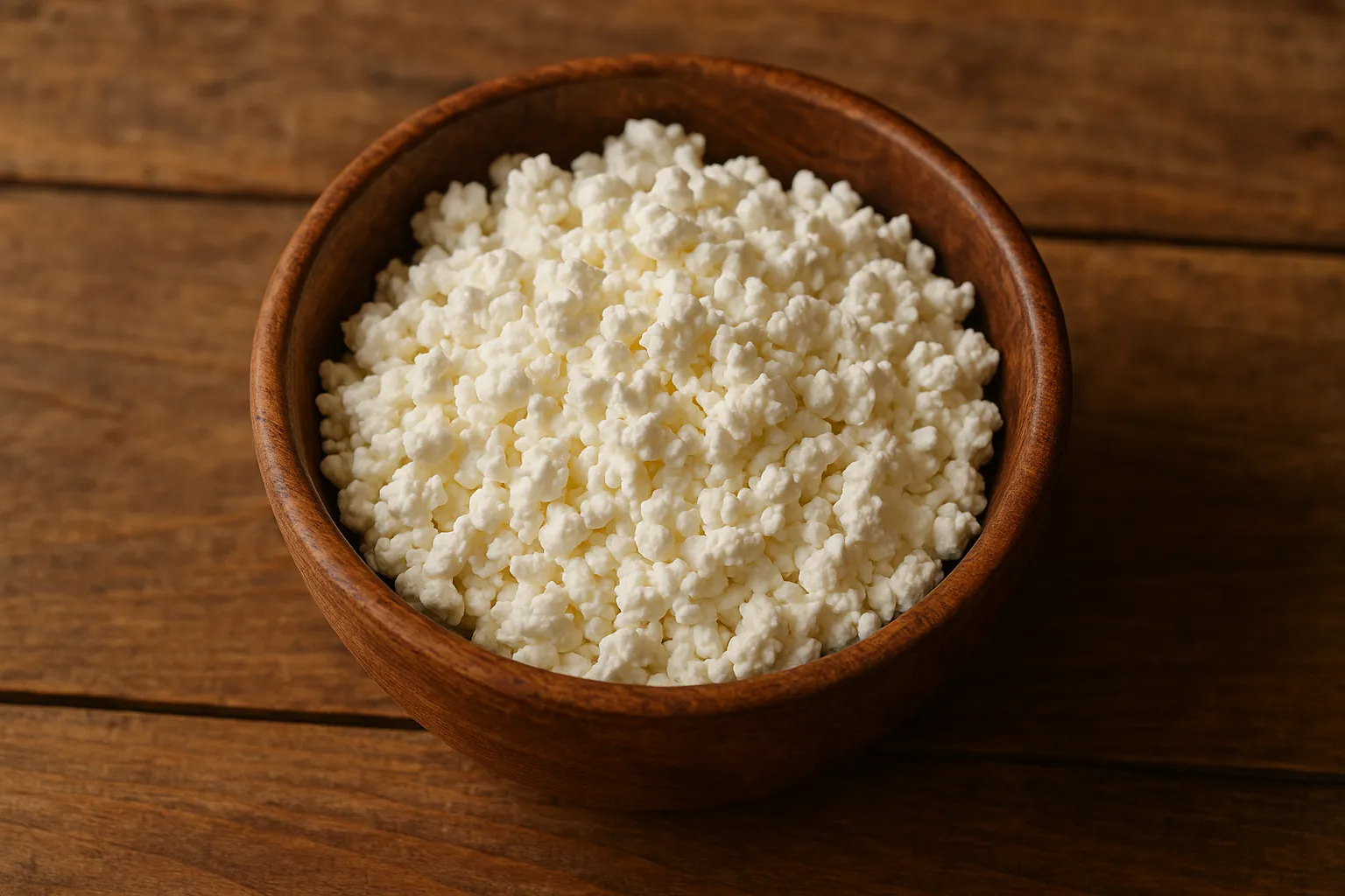 Fresh cottage cheese on rustic wooden table - 98 calories per 100g, 11g protein