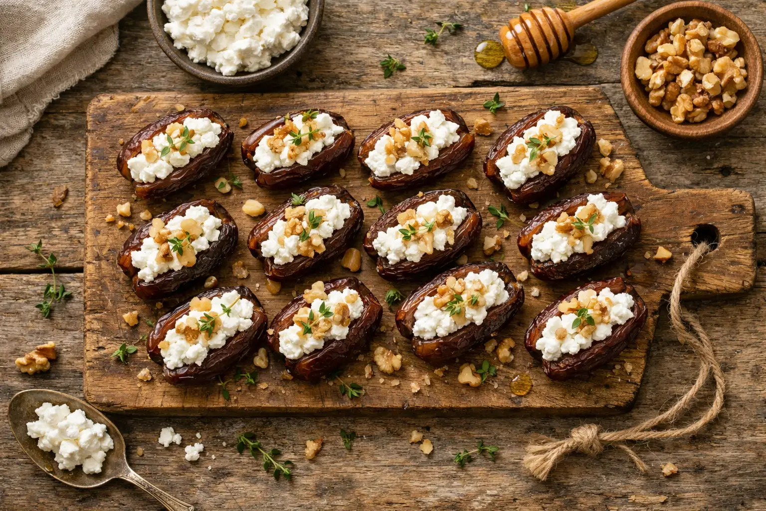 Dátiles rellenos de requesón frescos sobre mesa de madera rústica - 180 calorías por 3 dátiles