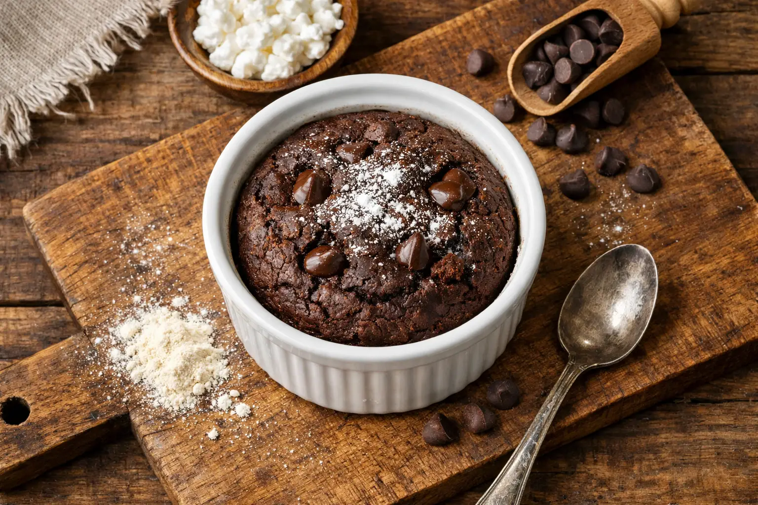 Fresh cottage cheese microwave brownie on rustic wooden table - 150 calories per serving