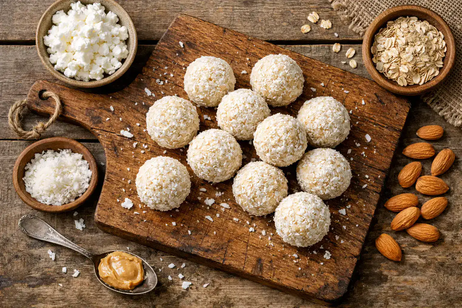 Fresh cottage cheese protein balls on rustic wooden table - 80 calories per ball