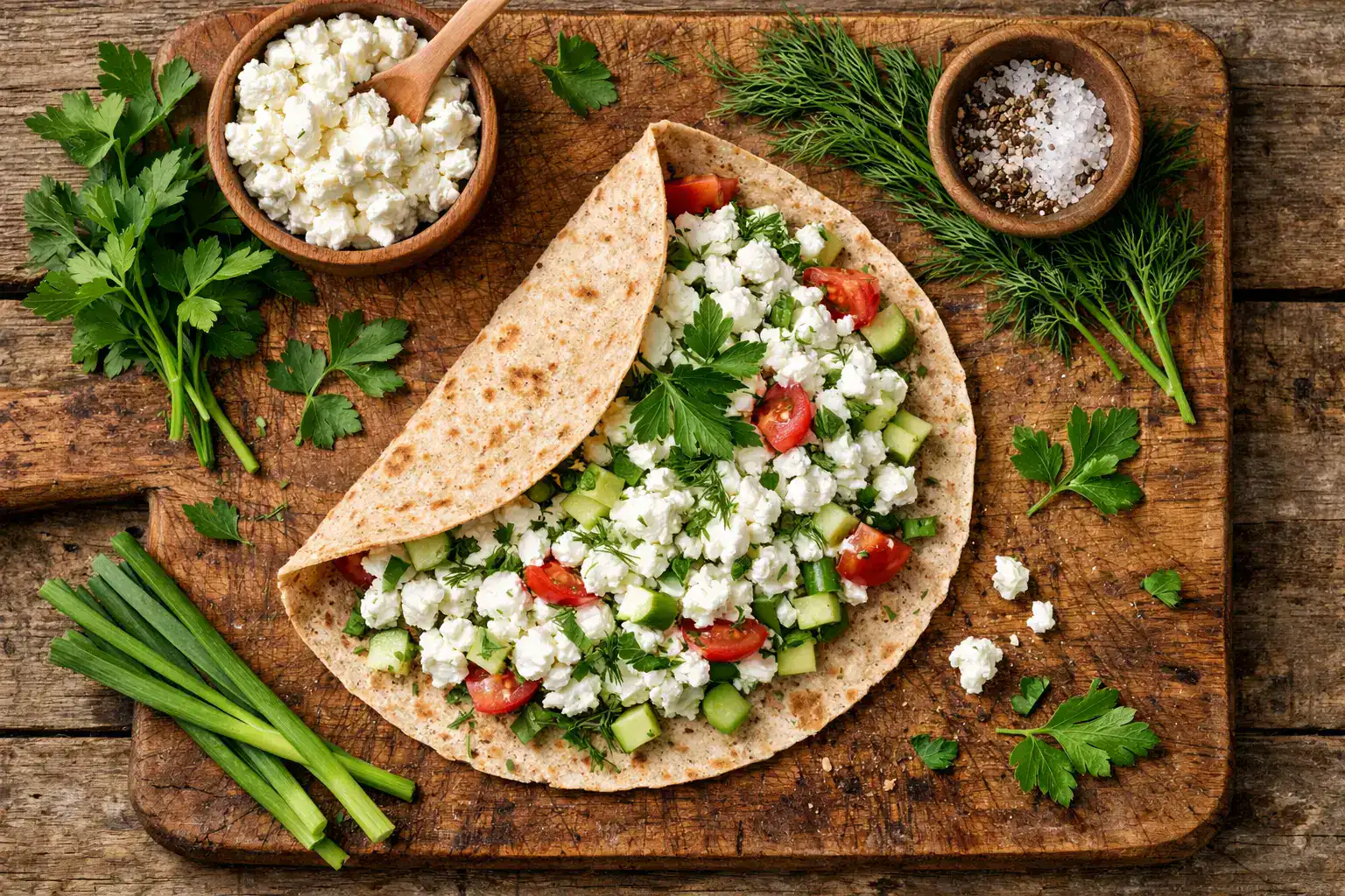Fresh cottage cheese protein wrap on rustic wooden table - 120 calories per wrap