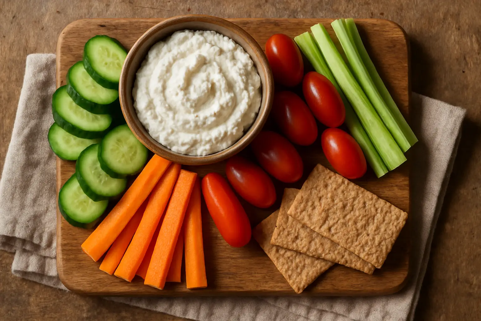 Overhead rustic view of Cotto Whipped Cottage Cheese Dip in a small bowl surrounded by fresh vegetables and crackers on a wooden board