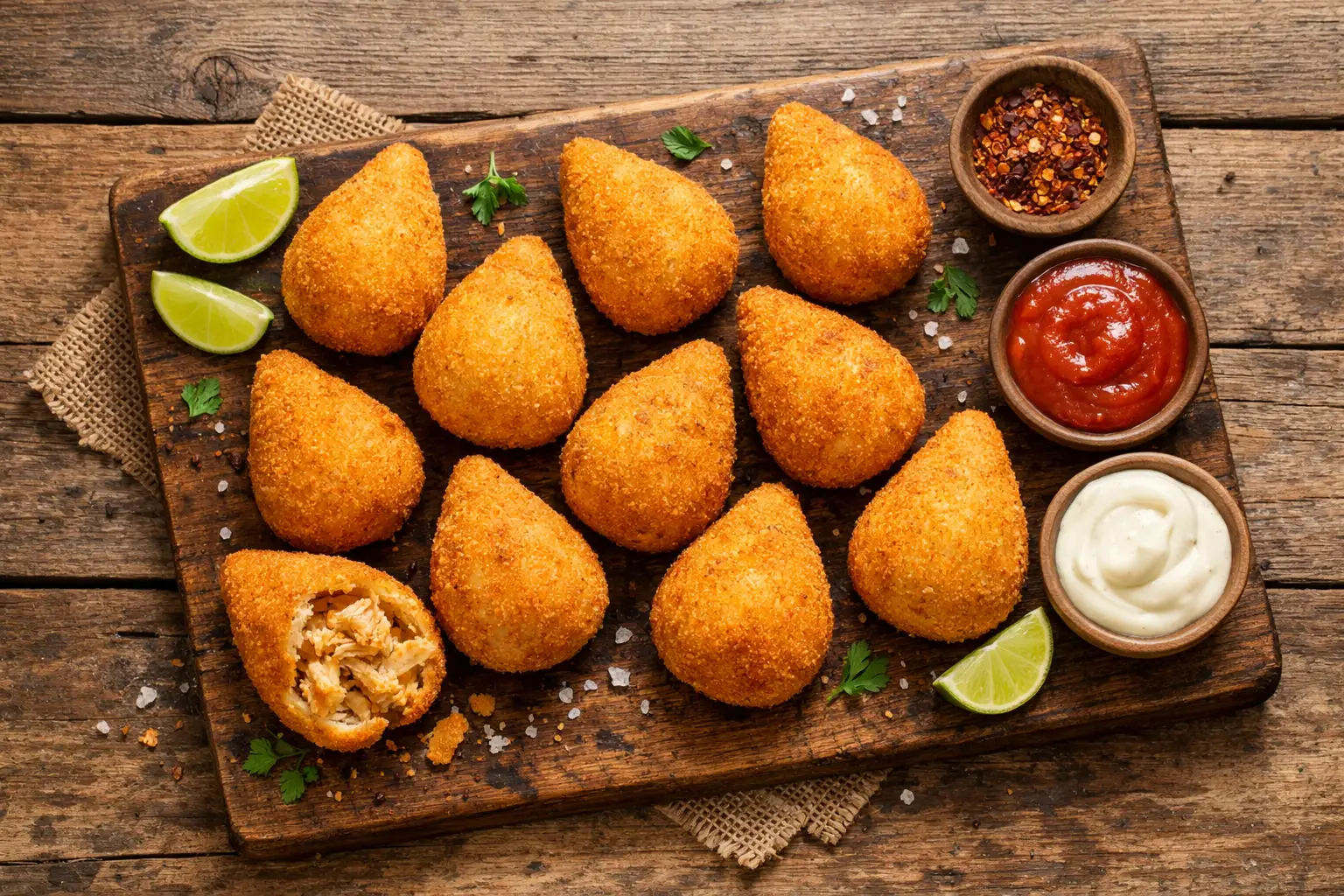 Fresh coxinha Brazilian chicken croquettes on rustic wooden table - 280 calories per piece