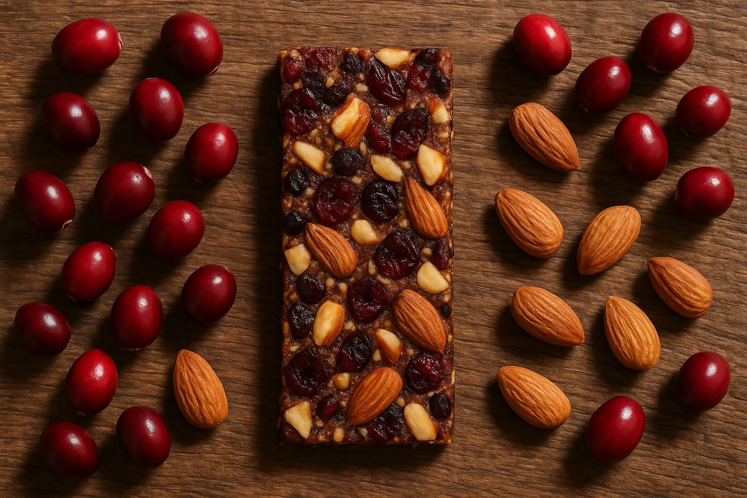 Fresh cranberries and almonds bar on rustic wooden table - 200 calories per bar
