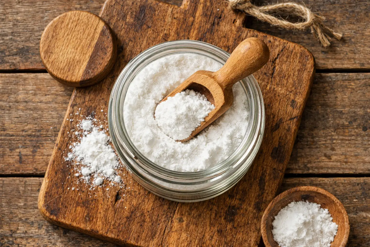 रस्टिक लकड़ी की टेबल पर फ्रेश क्रिएटिन पाउडर - 5 g सर्विंग में 0 कैलोरी