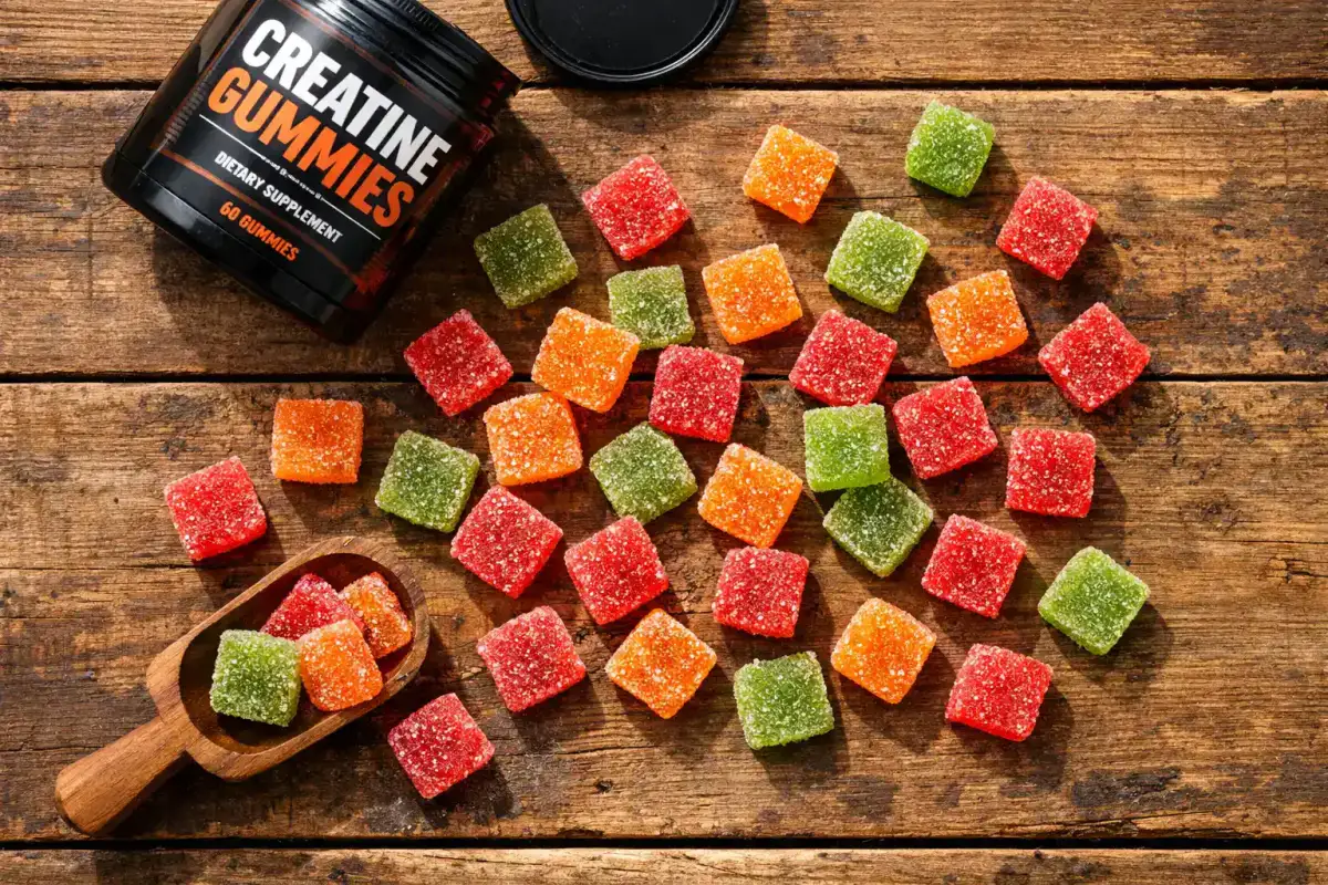 Gomitas de creatina frescas en mesa rustica de madera - 10 calorias por gomita