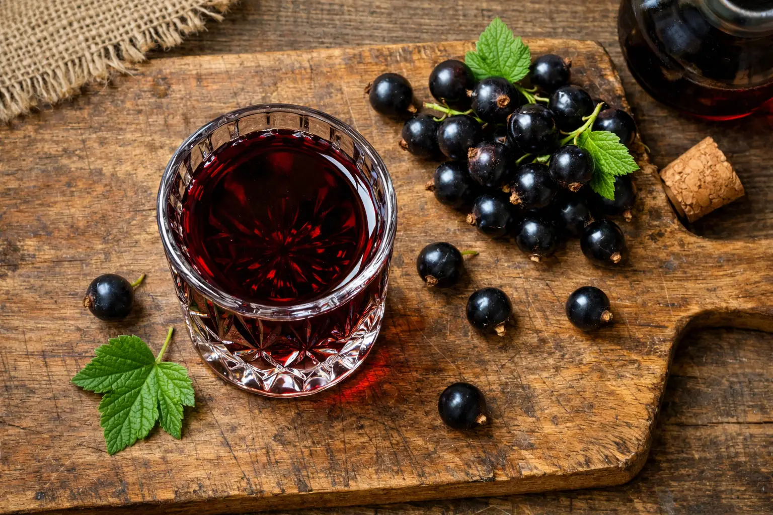 Frischer Crème de Cassis im Kristallglas mit schwarzen Johannisbeeren - 85 Kalorien pro 30 ml