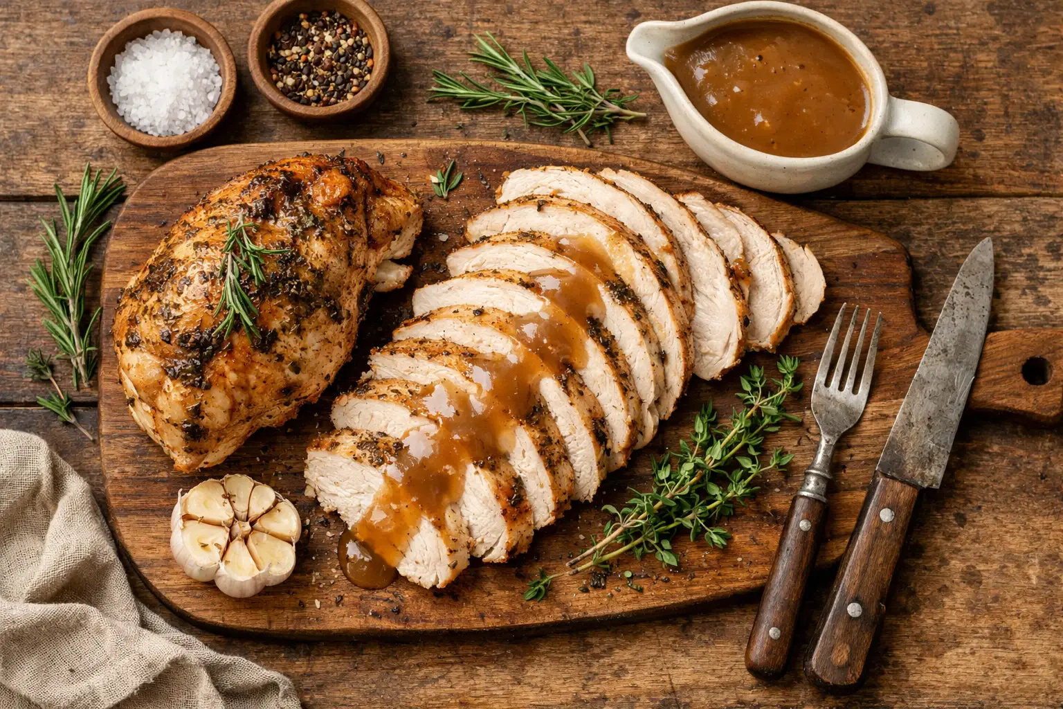 Fresh crock-pot turkey breast on rustic wooden table - 135 calories per 100g