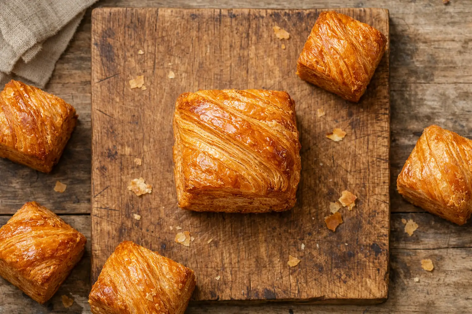 Fresh croissant cube on rustic wooden table - 280 calories per cube