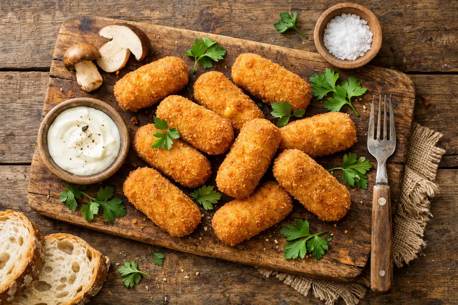 Croquetas de boletus frescas sobre mesa de madera rústica - 160 calorías por 2 unidades
