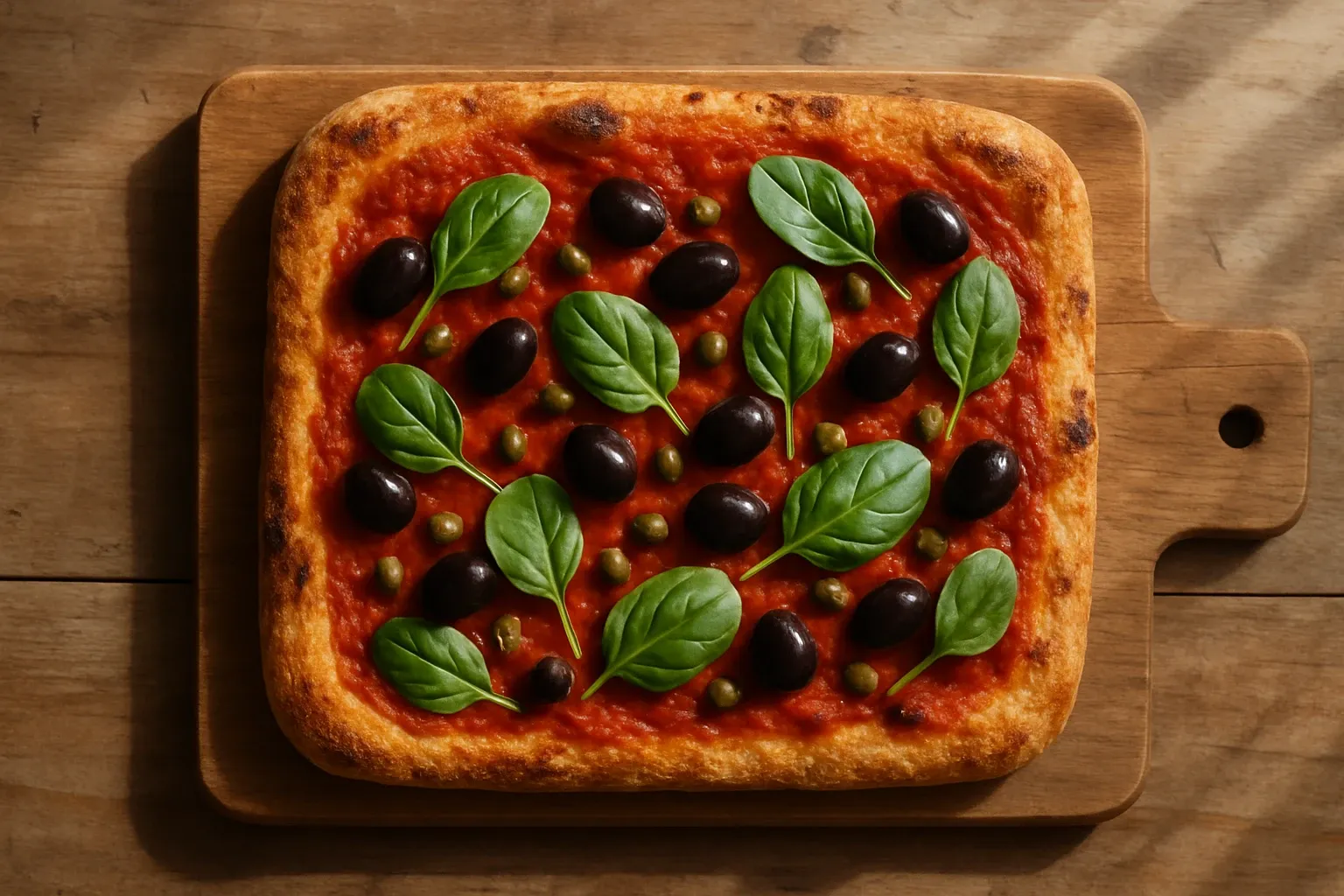 Crosta Mollica Siciliana frozen pizza with mozzarella, tomato, olives and spinach on a wooden board