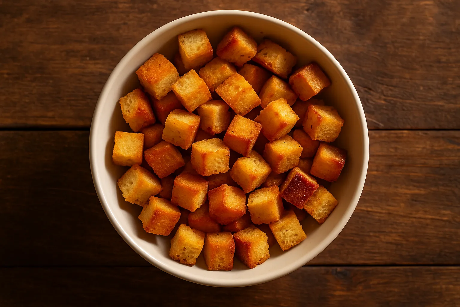 Golden crispy croutons in bowl - 122 calories per cup