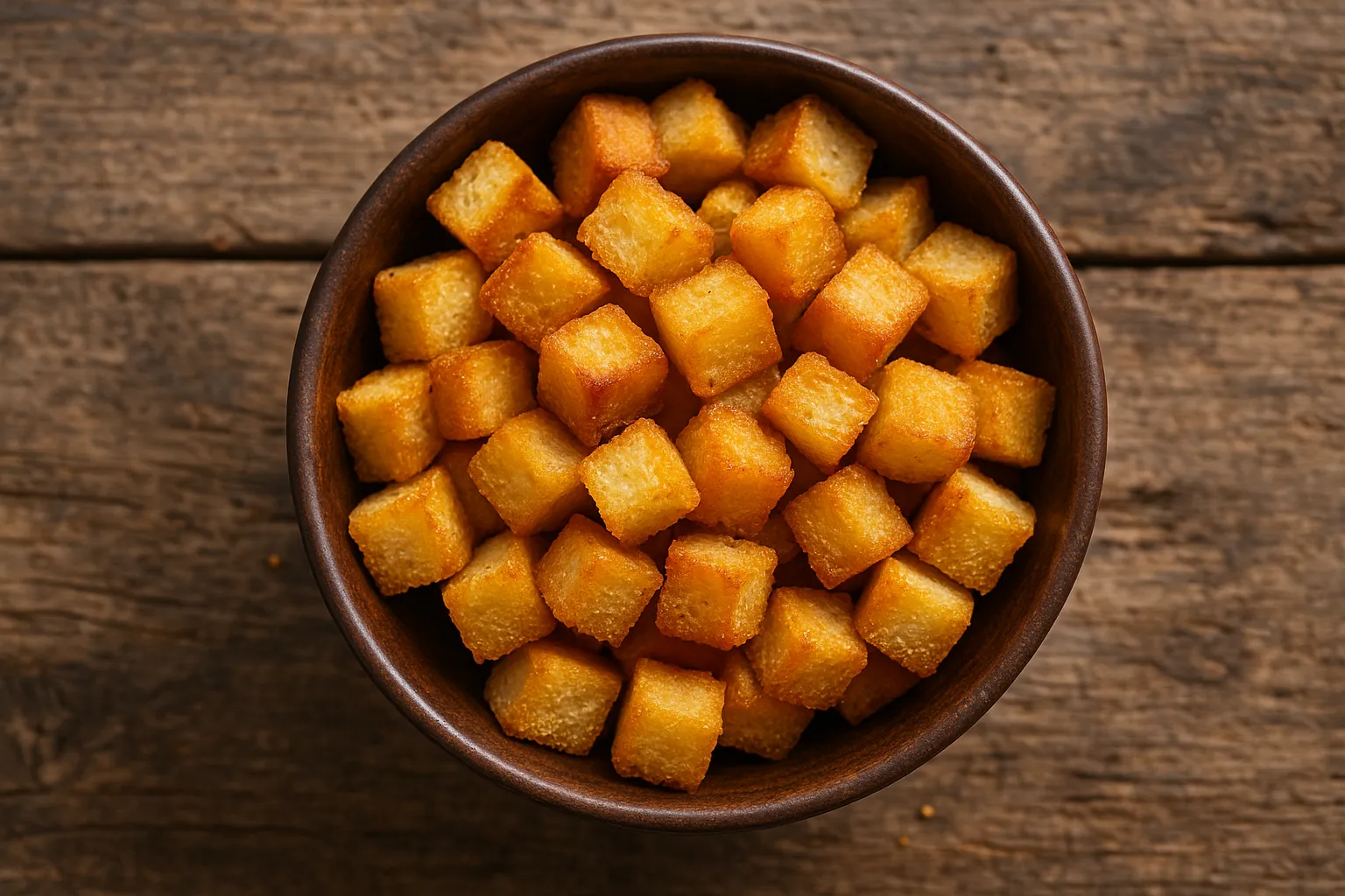 Frische Croutons auf rustikalem Holztisch - 407 Kalorien pro 100 g