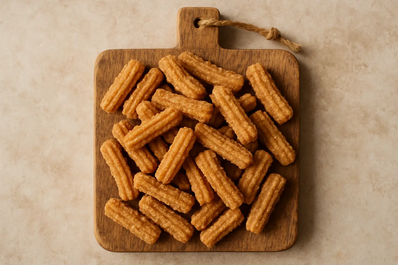 Crown Churros Style Snack bag with cinnamon-dusted wheat puffs on a wooden surface