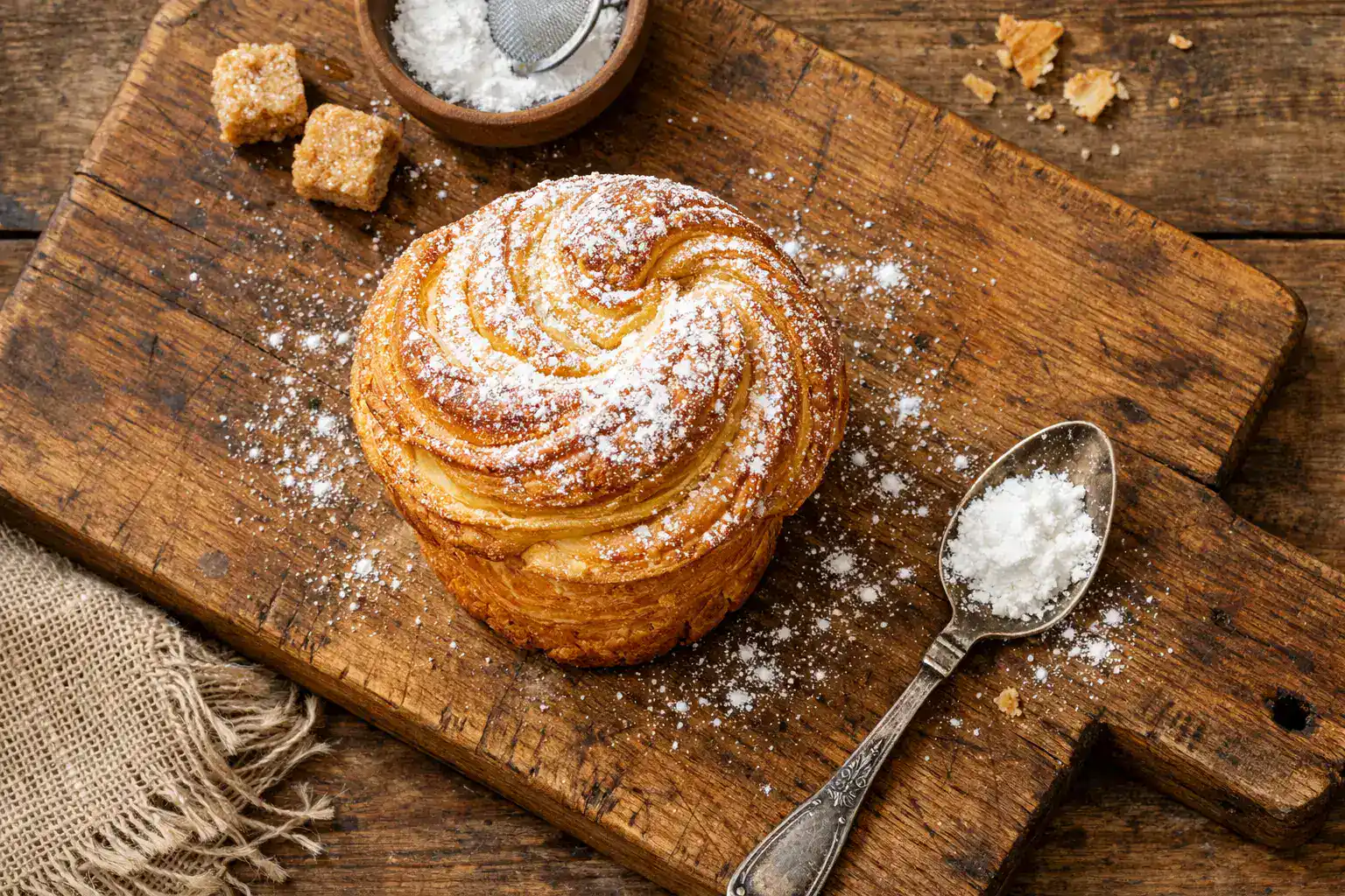 Cruffin frais sur table en bois rustique - 350 calories par pièce