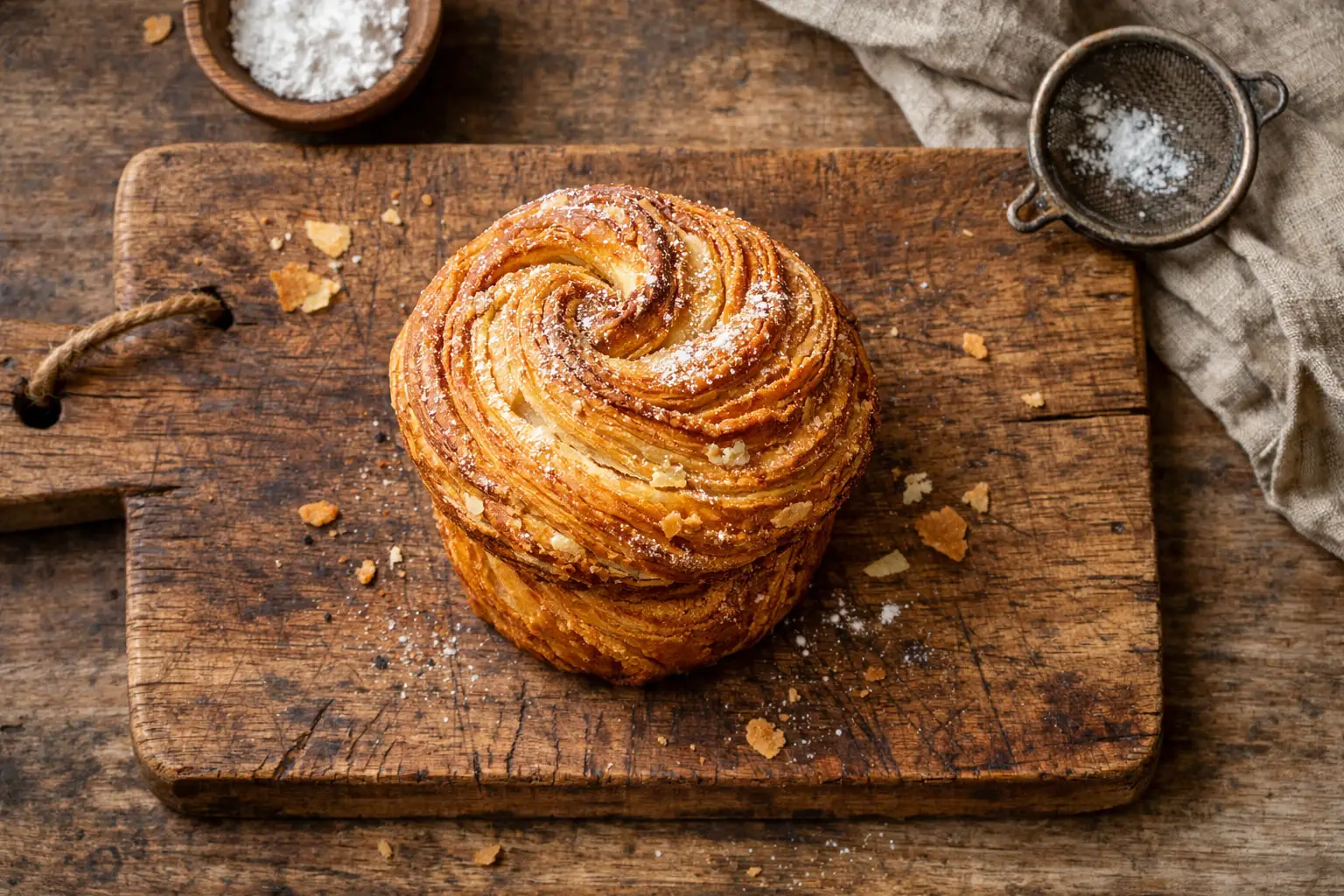 Cruffin fresco sobre mesa de madera rústica - 350 calorías por pieza