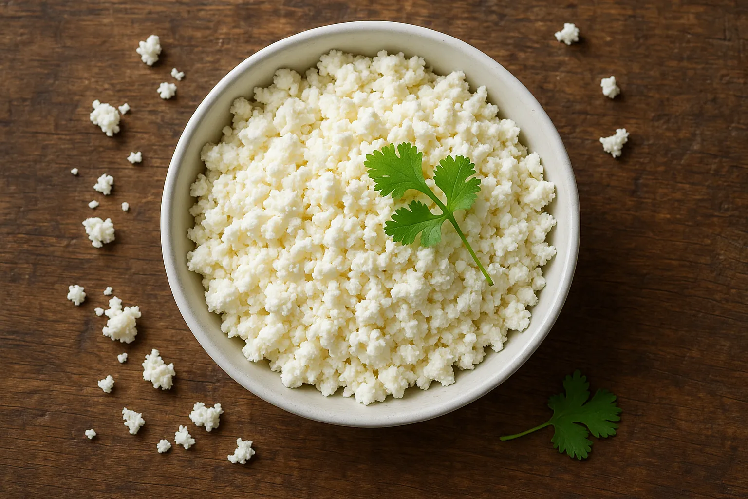 Fresh crumbled paneer on rustic wooden table - 265 calories per 100g