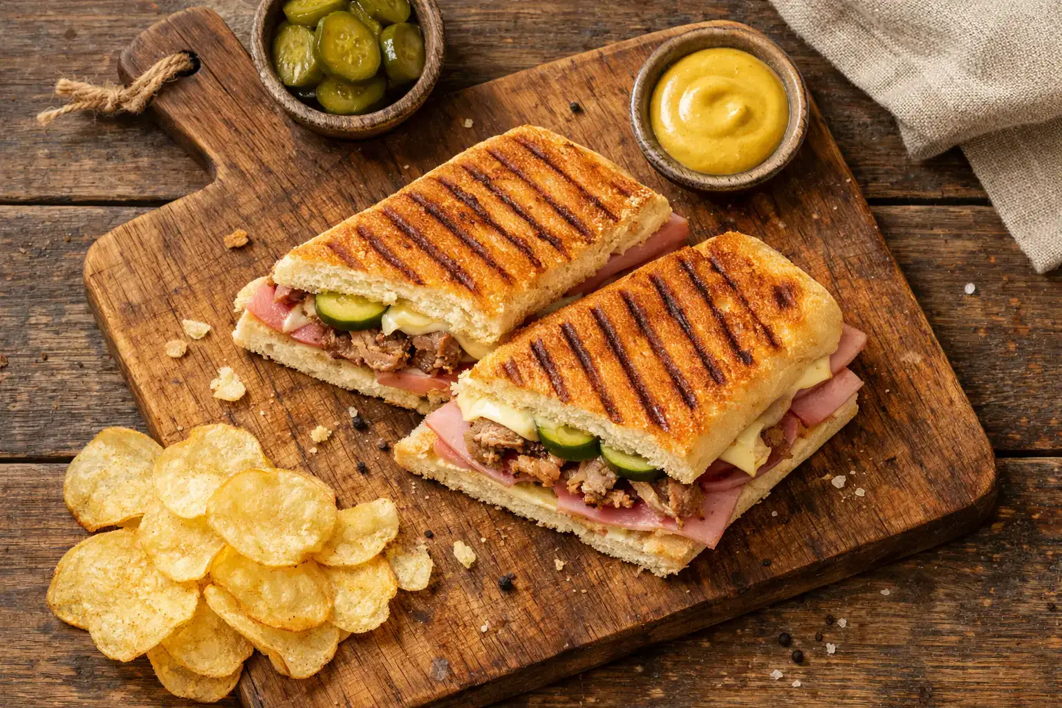 Sándwich cubano fresco en mesa de madera rústica - 640 calorías por sándwich