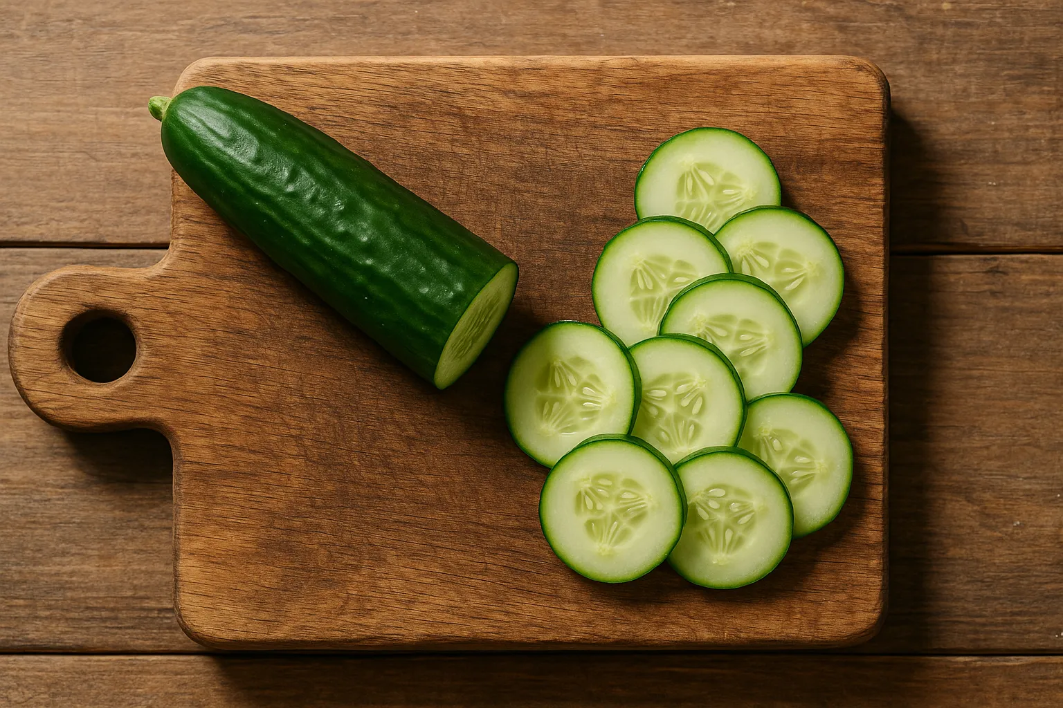 Concombre frais sur table en bois rustique - 15 calories pour 100 g