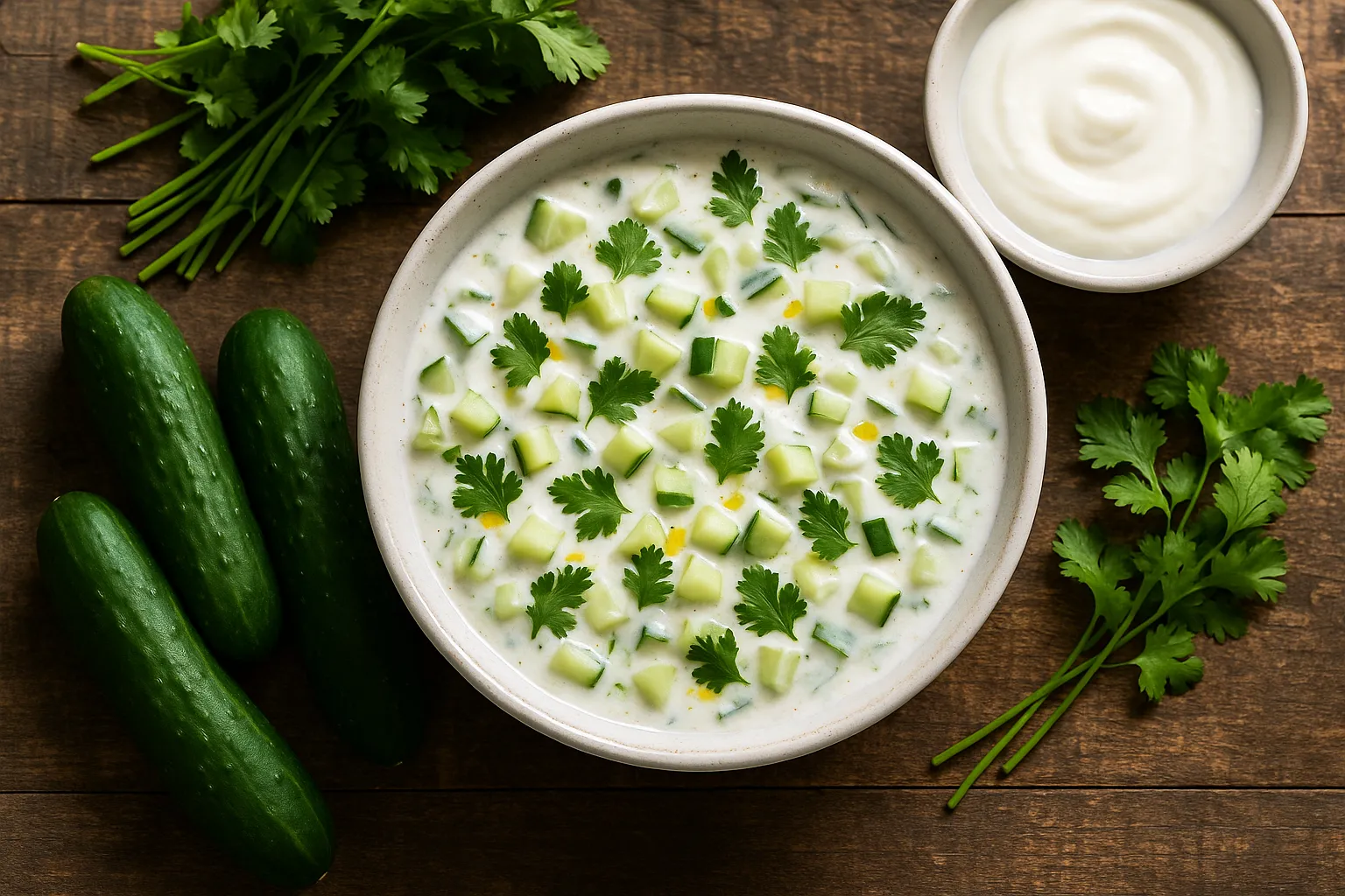 Fresh cucumber raita in white ceramic bowl - 52 calories per cup
