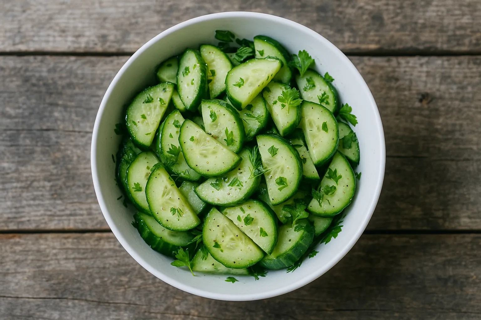 Ensalada de pepino fresca sobre mesa de madera rústica - 16 calorías por 100 g