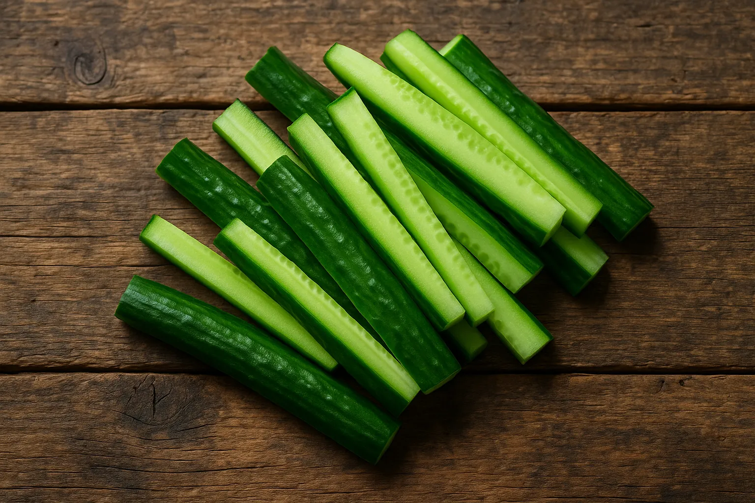 Frische Gurkenstäbchen auf rustikalem Holztisch - 15 Kalorien pro 100g
