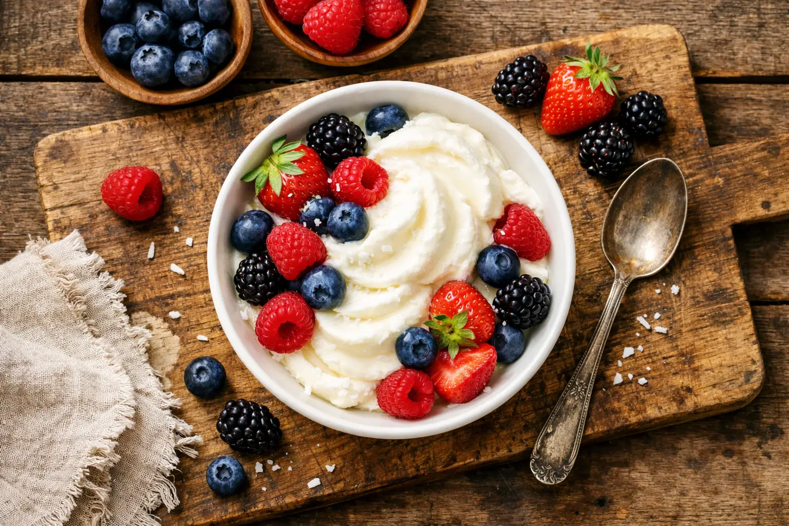 Rustic wooden table पर ताज़ा घर पर बना frozen yogurt - 120 calories प्रति 1/2 कप