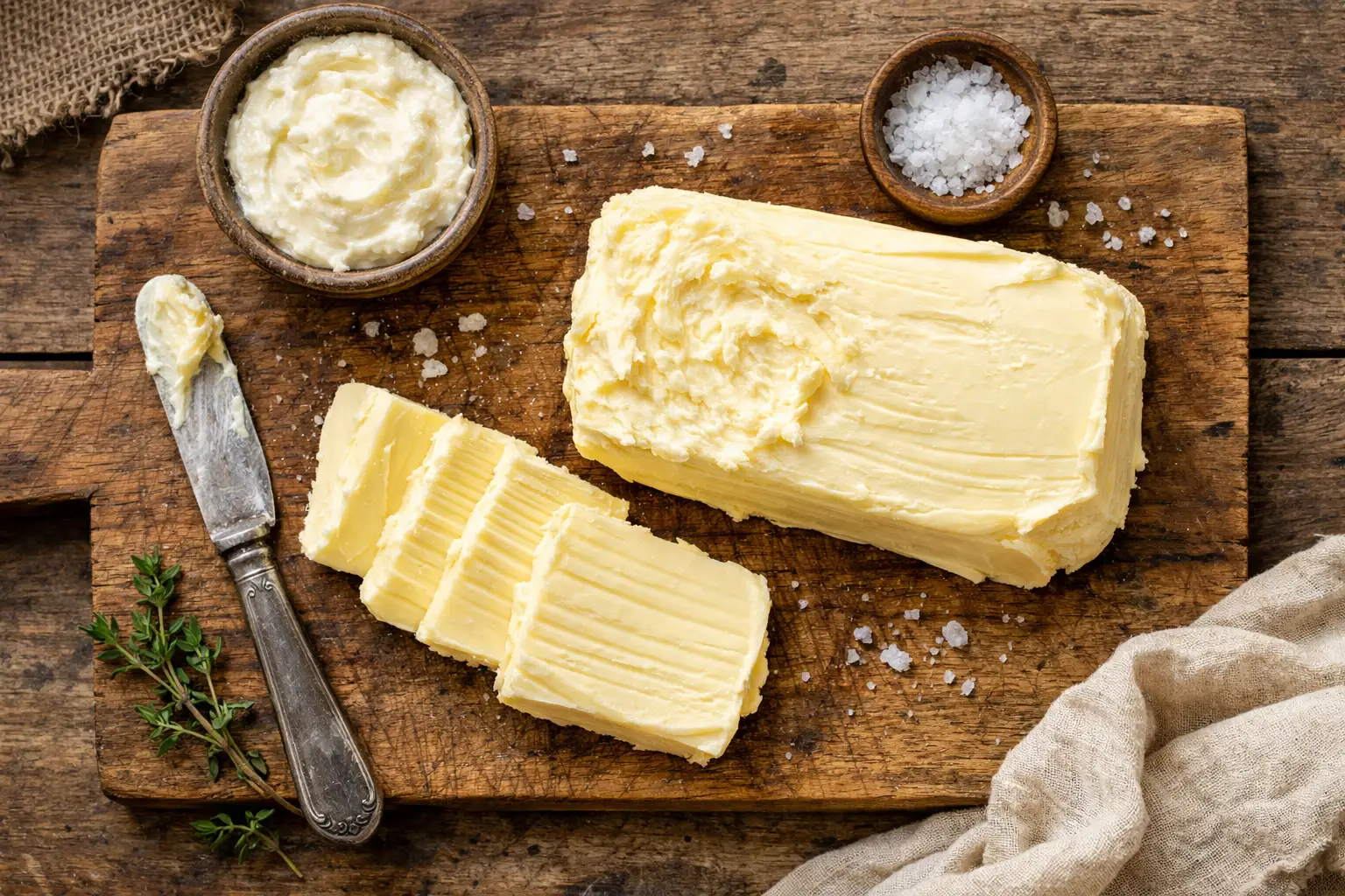 Beurre de culture frais sur table en bois rustique - 100 calories par cuillère à soupe