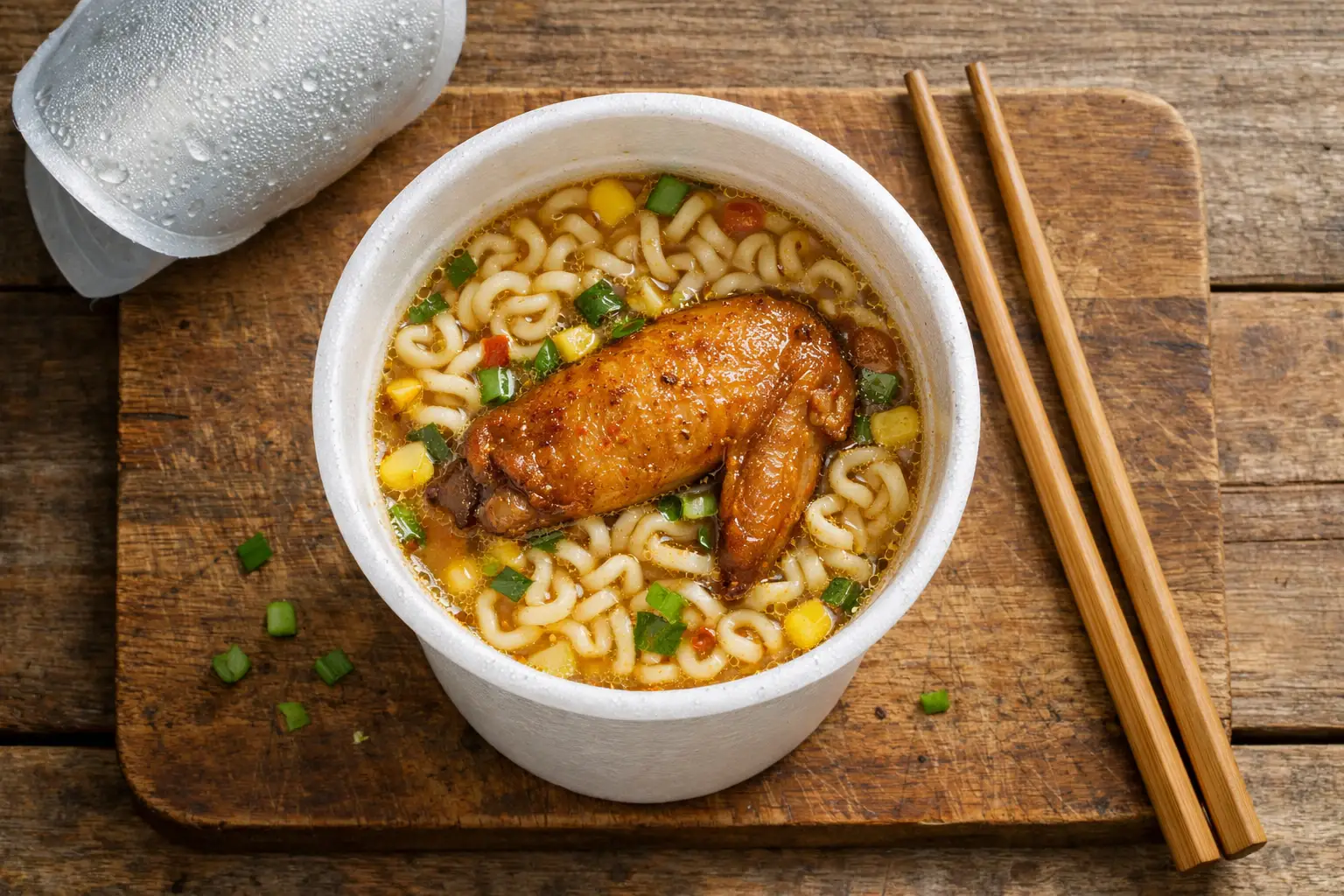 Fresh cup noodles chicken wing ramen on rustic wooden table - 290 calories per cup
