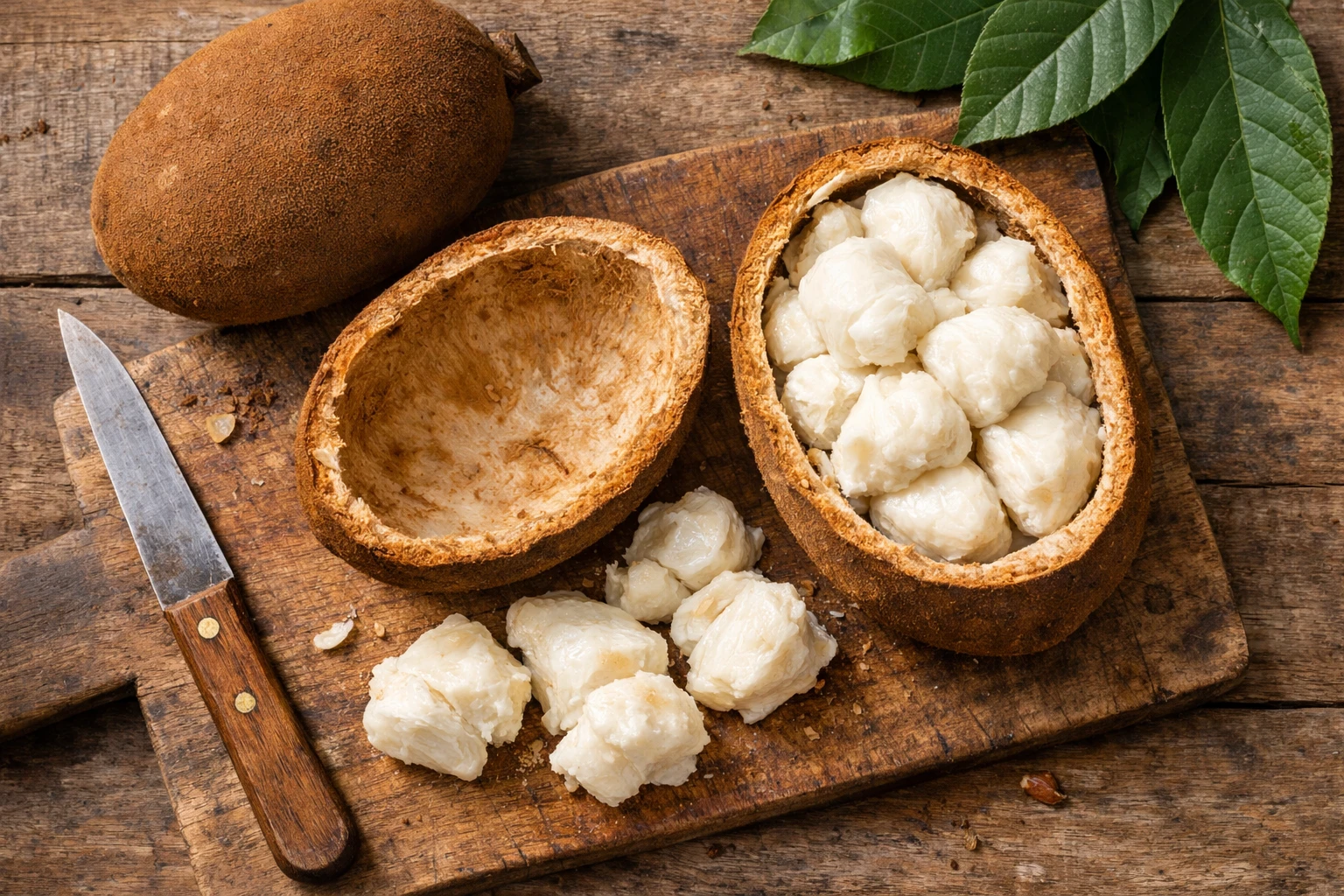 Frische aufgeschnittene Cupuaçu-Frucht auf rustikalem Holztisch - 49 Kalorien pro 100g Fruchtfleisch