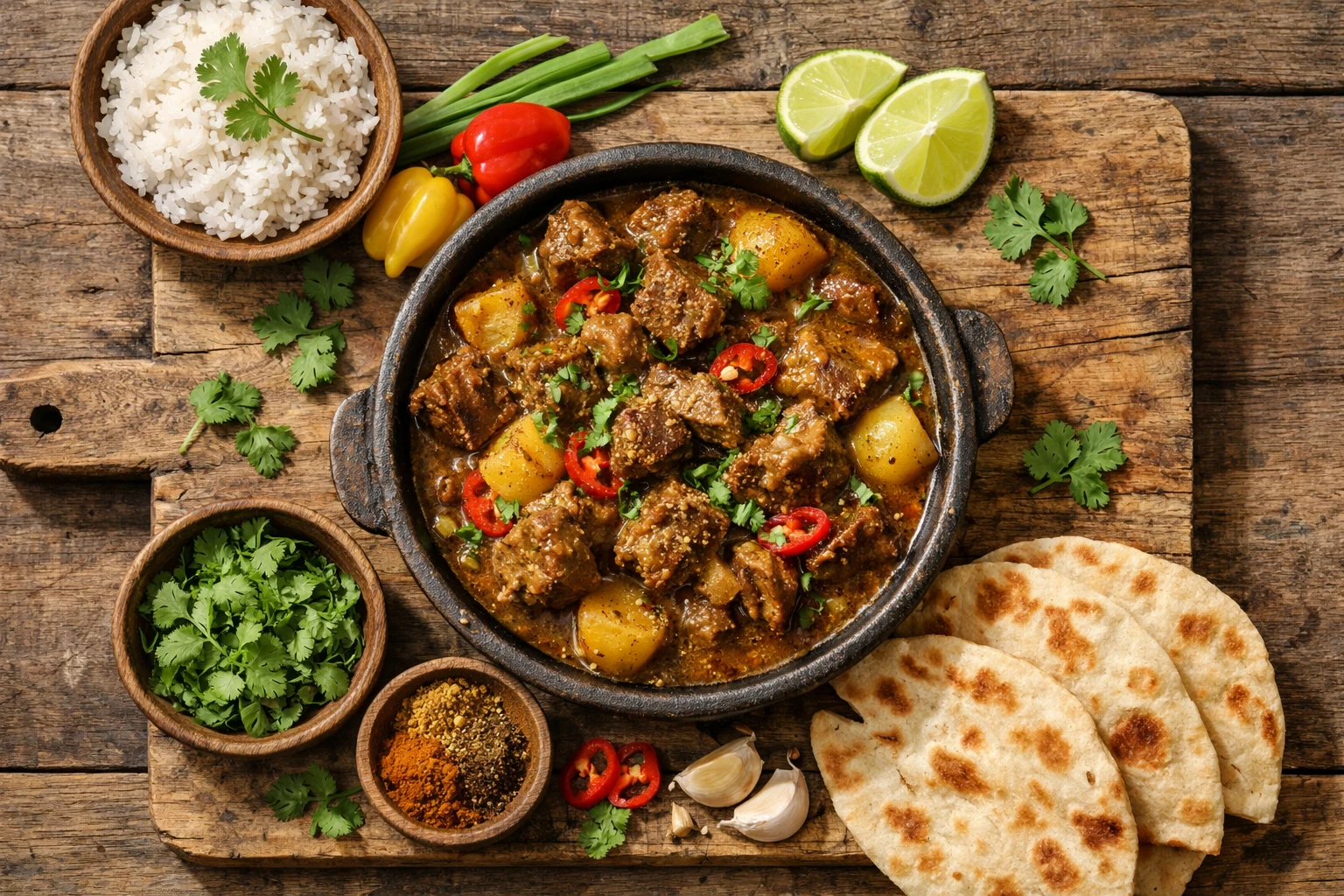 Curry de cabra fresco en mesa rústica de madera - 380 calorías por porción