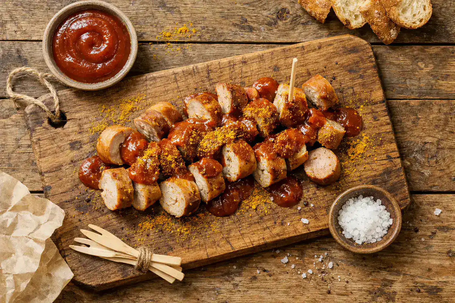 Currywurst frais sur table en bois rustique - 150 calories pour 100g