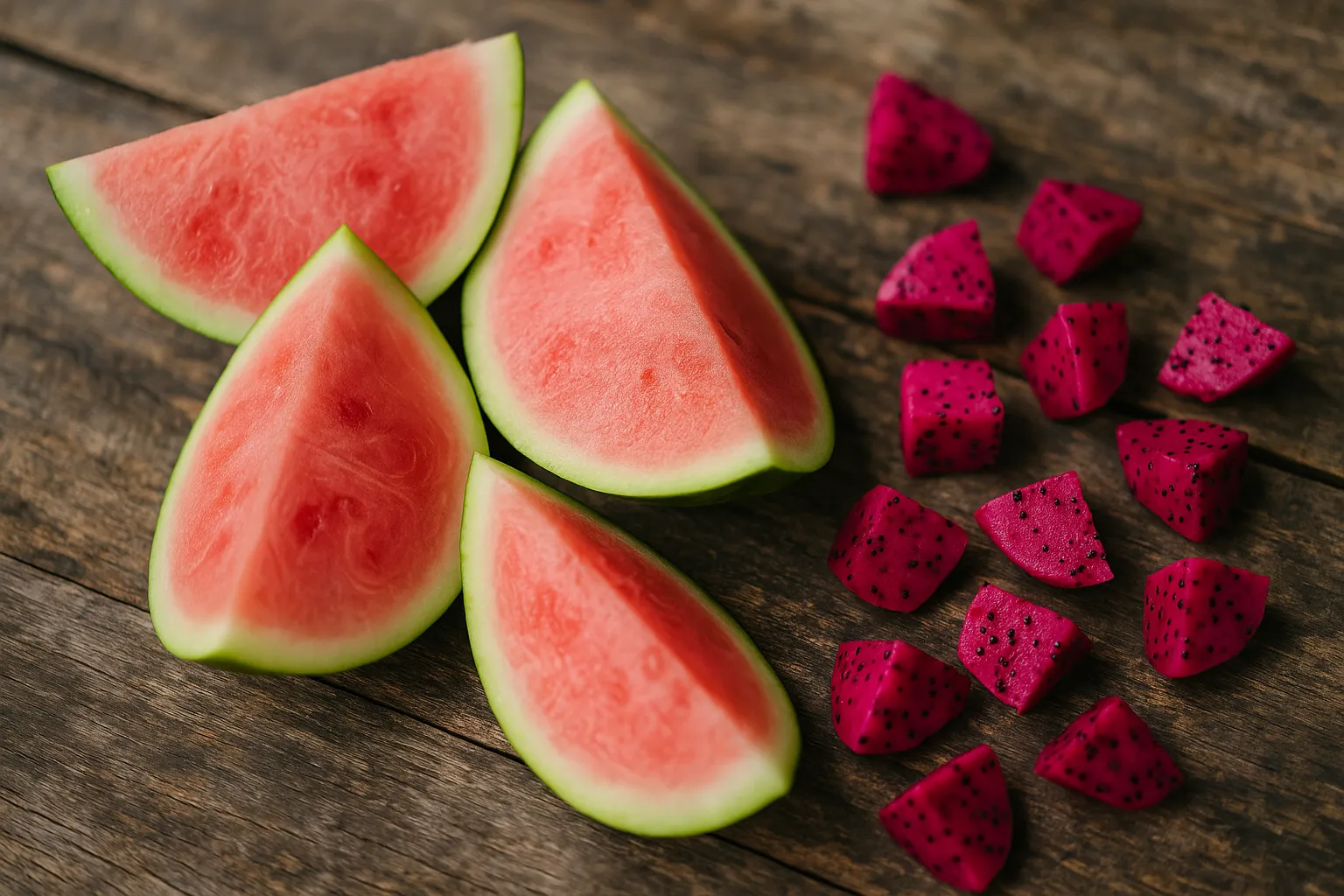 Fresh cut watermelon slices and dragon fruit pieces on rustic wooden table - 46-60 calories per 100g